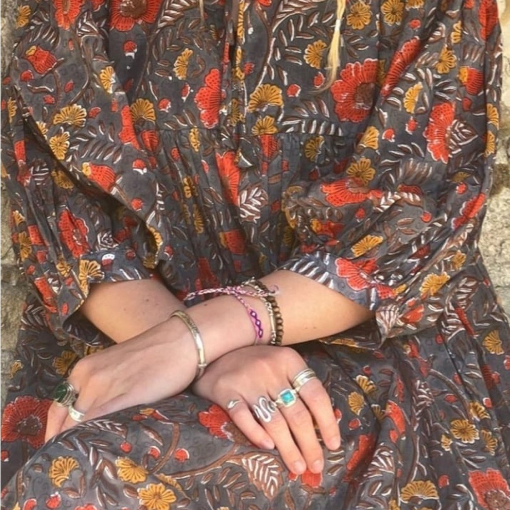 New Kashvi Boho Cotton Dress Grey Red Floral X-Lg - Picture 3 of 6